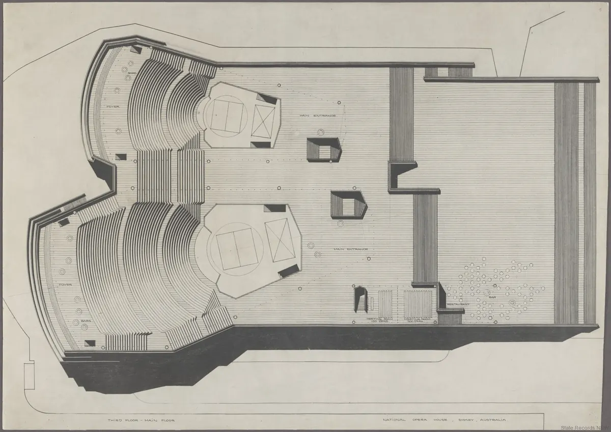 Un disegno architettonico in bianco e nero del piano principale della National Opera House a Bennelong Point, con due sale affiancate